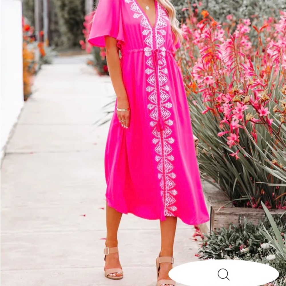 VICI Presidio Embroidered Tassel Midi Dress Fuchsia Sz Small